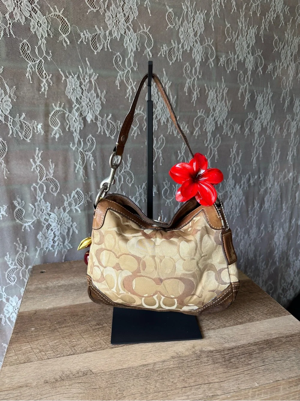 Coach Beige Signature Canvas Shoulder Bag with Brown Trim and Cherry Charm